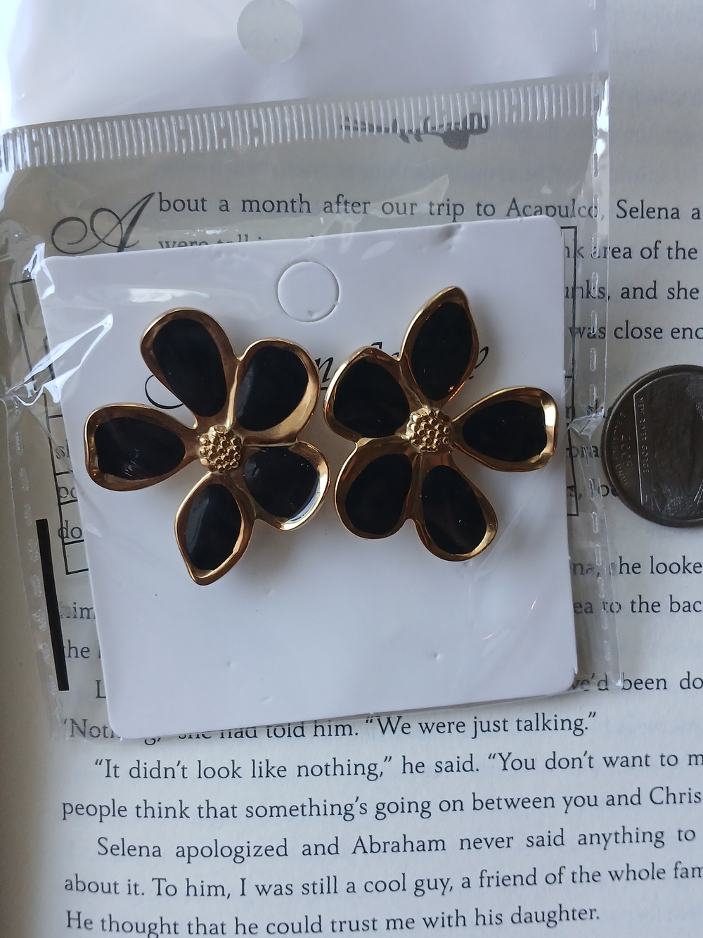 Gold Floral Stud Earrings with Black Enamel Petals